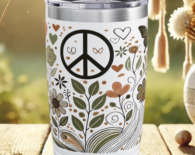 Hippie Peace Sign Tumbler – Floral Stainless Steel Travel Cup