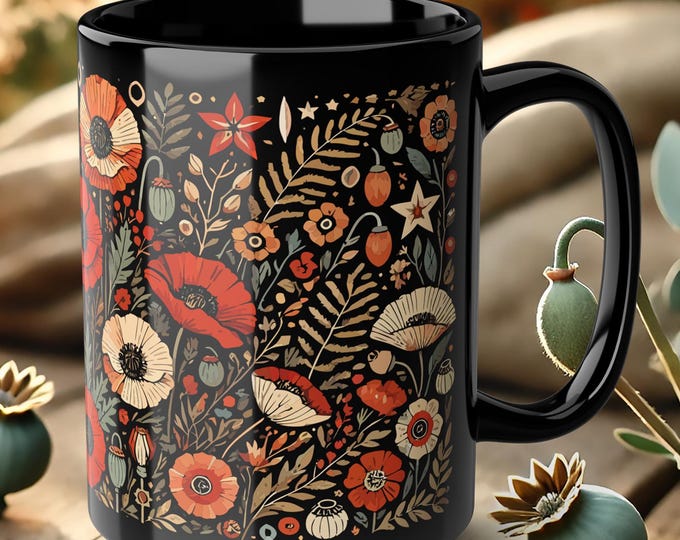 Black Mug with Red Poppies – Botanical Coffee Cup with Floral Art