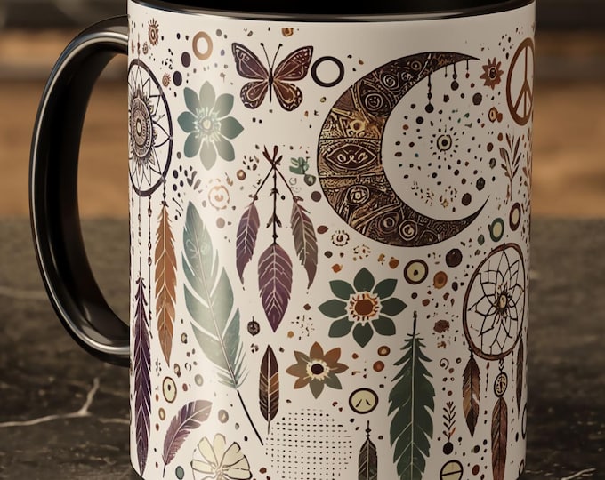 Celestial Moon Mug – Boho Coffee Cup with Feathers and Stars Design