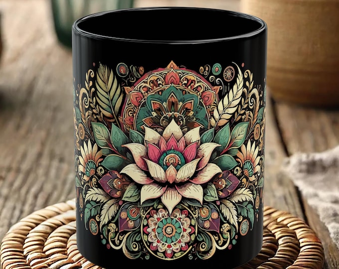 Mandala Lotus Coffee Mug – Boho Floral Ceramic Cup, Spiritual Art Mug, Zen Meditation Gift
