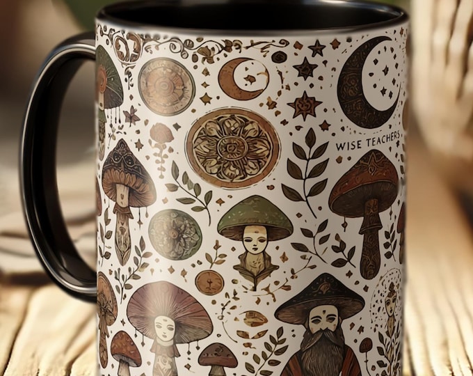 Boho Mushroom Mug – Forest Folklore Coffee Cup with Nature Art