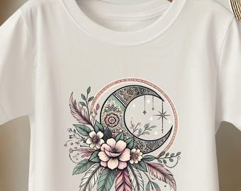 Moon Floral Tee for Girls – Boho Top for Kids and Pre Teens