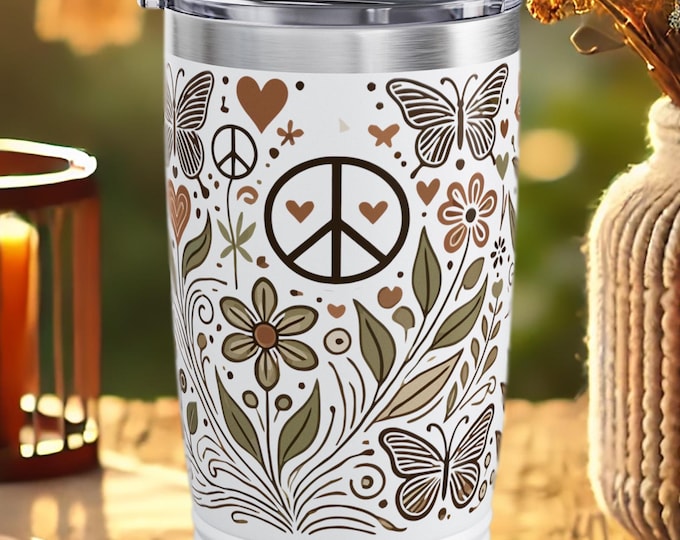 Hippie Peace Sign Tumbler – Boho Floral Stainless Steel Travel Cup