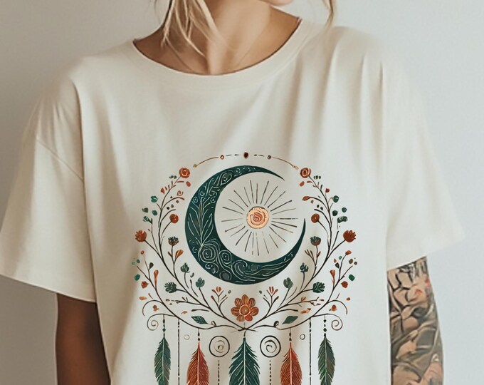 Dreamcatcher Moon Tee – Boho Celestial Graphic Shirt