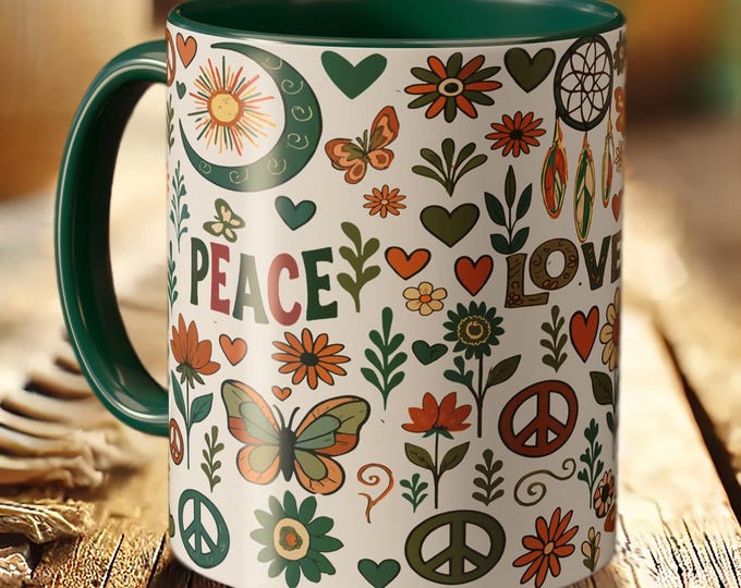 Peace and Love Mug – Retro Floral Coffee Cup with Positive Vibes