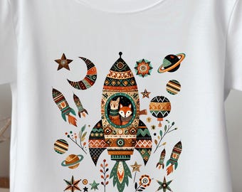 Toddler Rocket Shirt – Boho Space Graphic Tee, Kids Rocketship T-Shirt for Boys & Girls