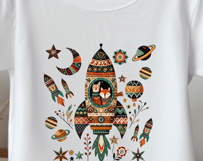 Toddler Rocket Shirt – Boho Space Graphic Tee, Kids Rocketship T-Shirt for Boys & Girls