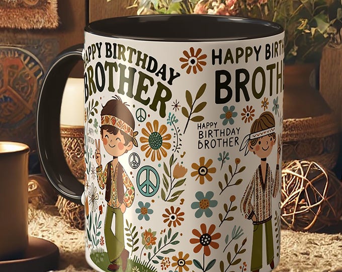 Happy Birthday Brother Mug – Boho Floral Peace Sign Coffee Cup