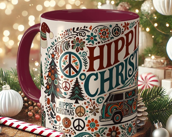 Hippie Christmas Mug – Retro Peace Sign Holiday Coffee Cup with Bus Art