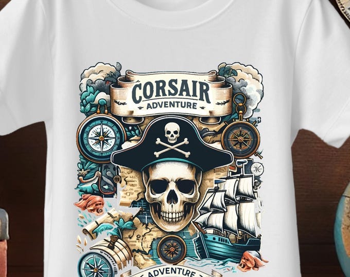 Boys Pirate Shirt – Skull & Ship Adventure Tee, Nautical Corsair T-Shirt, Kids Birthday Gift