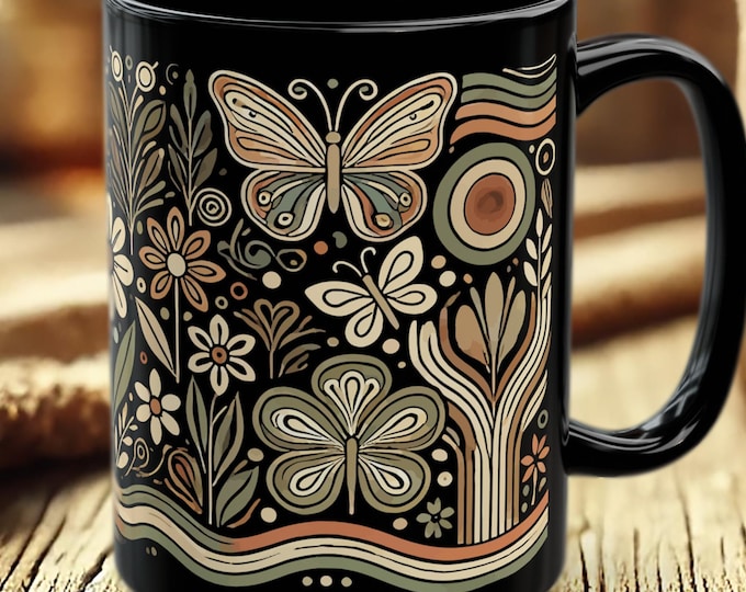 Boho Floral Butterfly Mug – Black Ceramic Coffee Cup with Nature Art