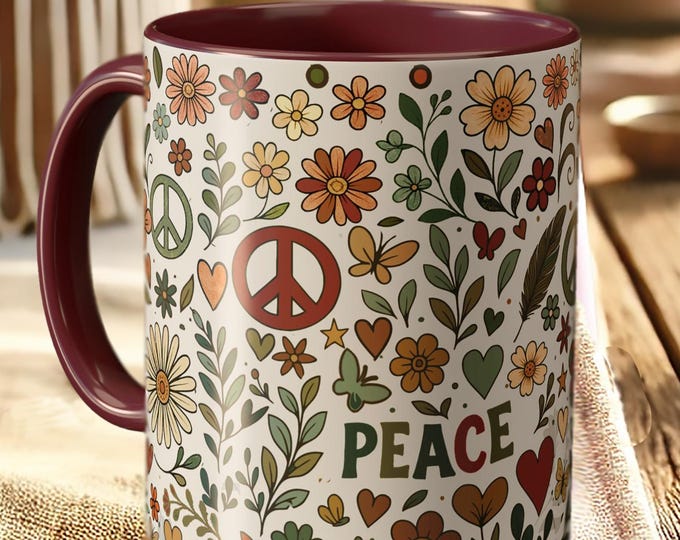 Floral Peace Sign Mug – Hippie Coffee Cup in Boho Style