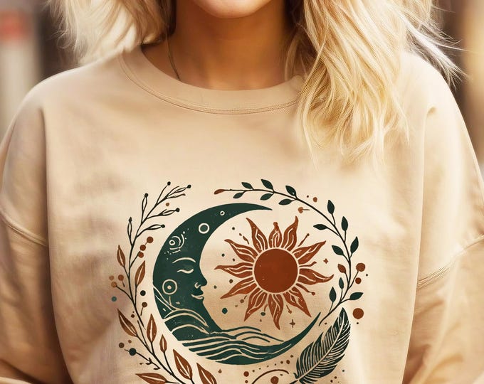 Boho Sun and Moon Sweatshirt – Celestial Vintage Pullover