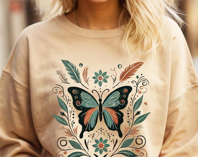 Boho Butterfly Sweatshirt – Vintage Floral Pullover for Women