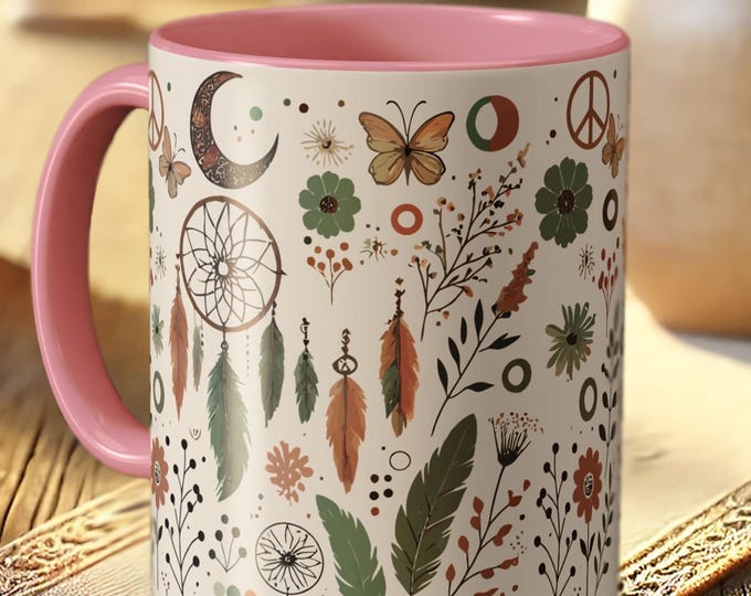 Peace Sign Nature Mug – Boho Floral Coffee Cup