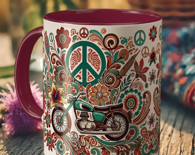 Hippie Motorcycle Mug – Peace Sign Biker Gift, Boho Floral Coffee Cup for Men