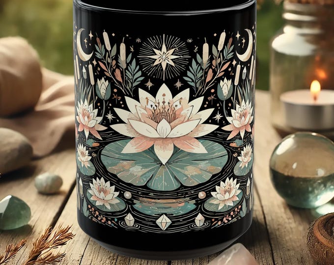 Lotus Flower Mug – Black Spiritual Coffee Cup with Moon Phases