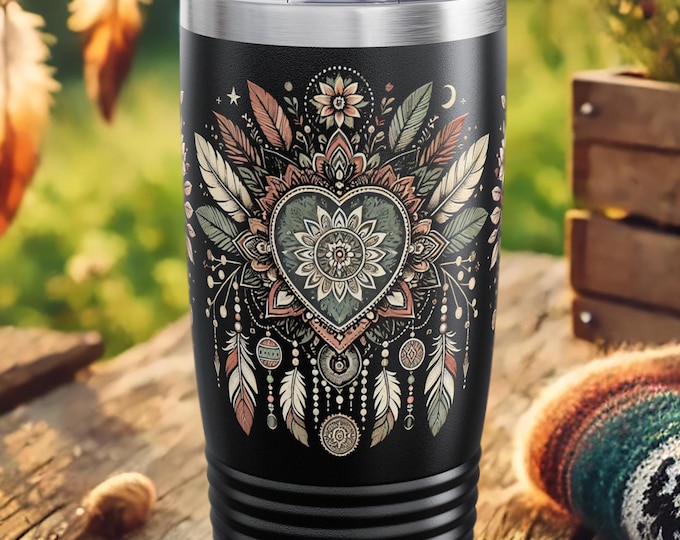Dreamcatcher Heart Tumbler – Boho Mandala Stainless Steel Travel Mug