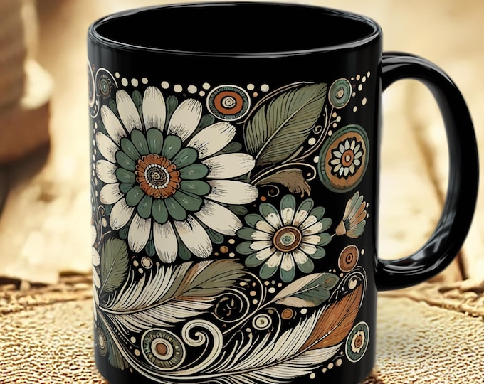 Black Floral Coffee Mug – Ceramic Flower Tea Cup with Botanical Design