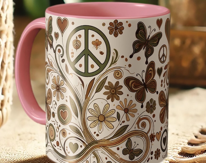 Peace Sign Butterfly Mug – Boho Floral Coffee Cup for Hippie Style