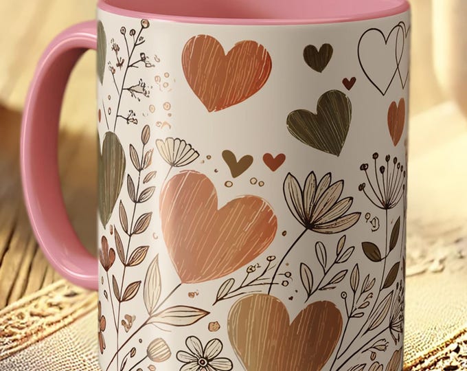 Boho Floral Heart Mug – Romantic Coffee Cup in Folk Art Style