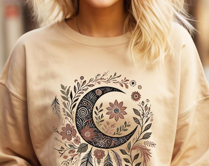 Boho Moon Sweatshirt – Celestial Floral Crewneck for Women