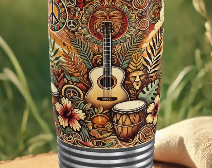 Boho Guitar Tumbler – Stainless Steel Travel Mug for Music Lovers