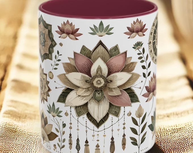 Boho Lotus Mug – Mandala Coffee Cup, Spiritual Gift for Women, Yoga Lover Mug