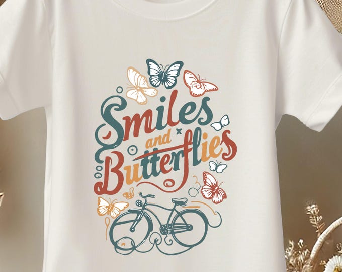 Girls Butterfly T-Shirt – Smiles and Butterflies Kids Tee, Everyday Top