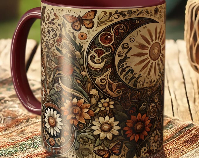 Sun and Moon Butterfly Mug – Boho Celestial Coffee Cup with Floral Mandala