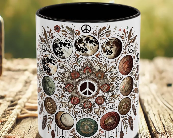 Celestial Peace Sign Mug – Boho Mandala Coffee Cup with Astrology Style