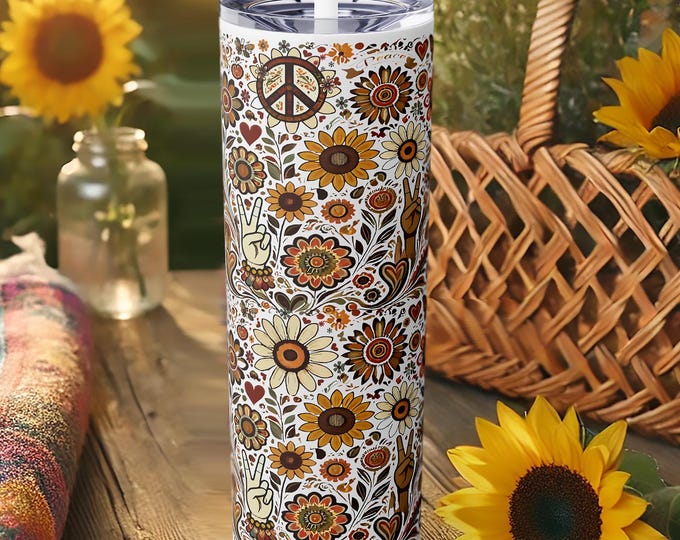 Floral Peace Sign Tumbler – Boho Insulated Travel Cup