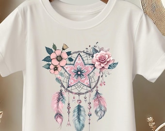 Girls Dreamcatcher T-Shirt – Boho Floral Kids Tee, Everyday Girls Top