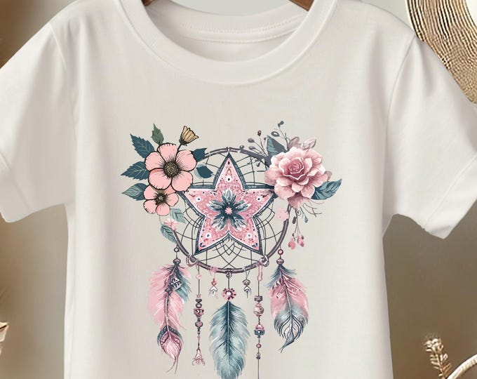 Girls Dreamcatcher T-Shirt – Boho Floral Kids Tee, Everyday Girls Top