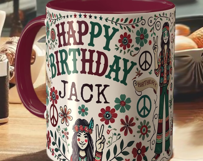 Personalized Birthday Mug – Custom Name Gift, Boho Retro Coffee Cup, Peace Sign Flower Design