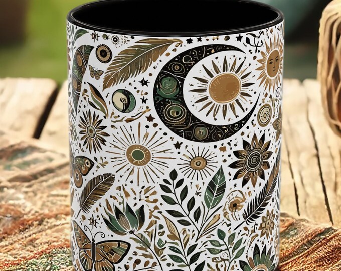 Sun and Moon Coffee Mug – Boho Floral Cup with Celestial Hippie Art