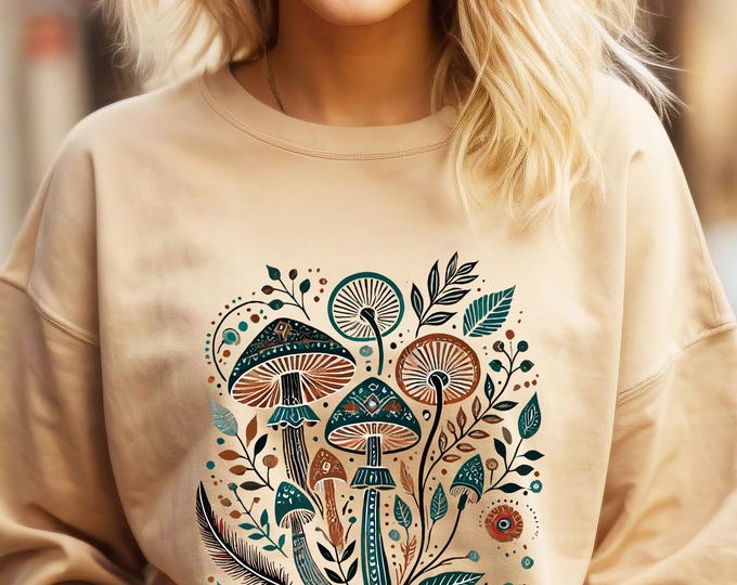Boho Mushroom Sweatshirt – Cottagecore Nature Crewneck, Botanical Gift for Women