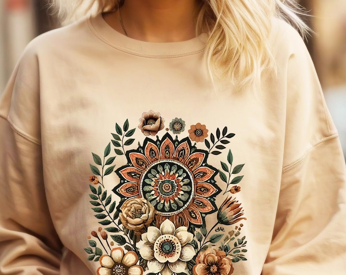 Women’s Floral Sweatshirt – Boho Vintage Flower Graphic Crewneck