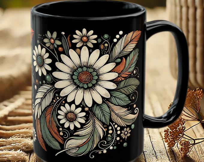 Boho Daisy Mug – Retro Floral Coffee Cup with Black Ceramic Design
