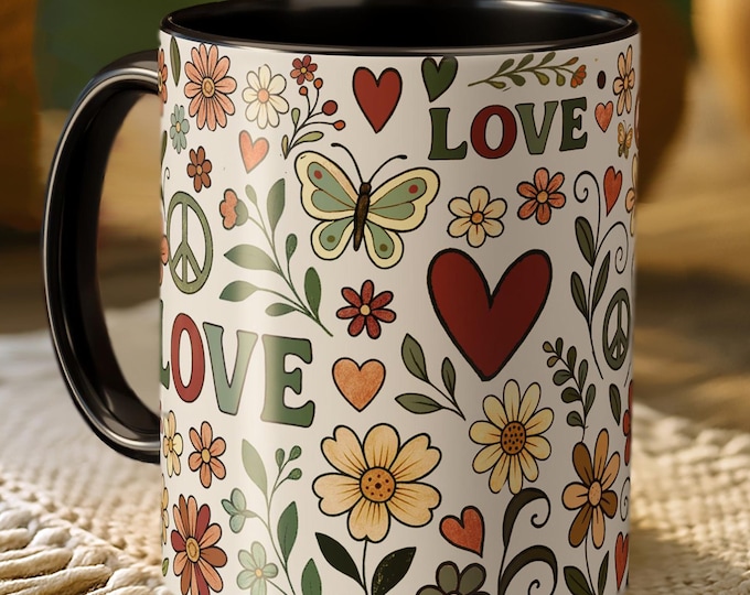 Boho Love Mug – Floral Coffee Cup with Heart Design and Positive Vibes