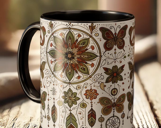 Boho Butterfly Mug – Floral Mandala Coffee Cup in Bohemian Style