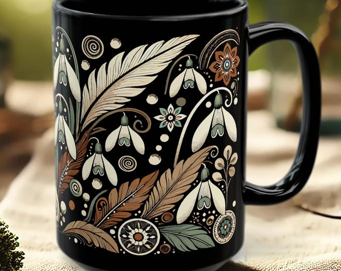 Boho Snowdrop Mug – Black Floral Coffee Cup, Nature Art Ceramic Drinkware Gift