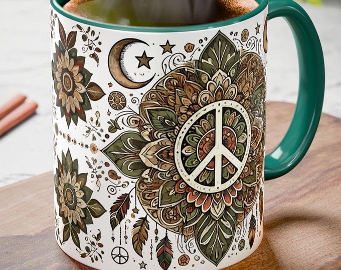 Peace Sign Mug – Boho Mandala Coffee Cup, Hippie Ceramic Gift, Spiritual Flower Drinkware