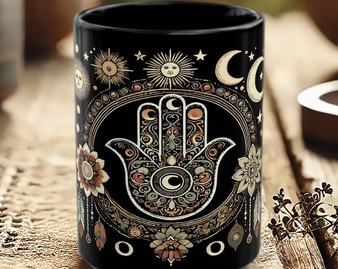 Hamsa Hand Mug – Boho Sun & Moon Coffee Cup, Evil Eye Protection Mug, Spiritual Gift