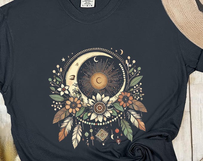 Boho Sun Moon T-Shirt – Celestial Floral Graphic Tee for Women