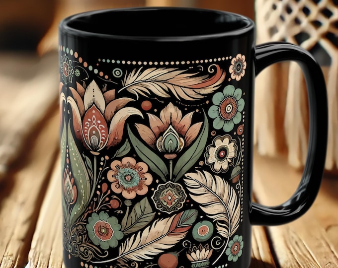 Boho Tulip Mug – Floral Coffee Cup with Feather Botanical Art