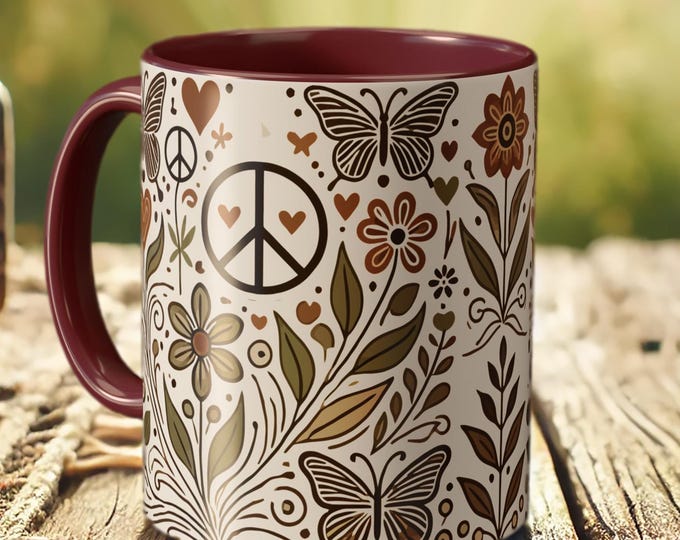 Vintage Butterfly Mug – Boho Peace Sign Coffee Cup with Floral Nature Art