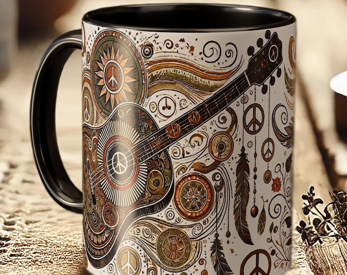 Boho Guitar Mug – Hippie Music Lover Coffee Cup, Peace Sign Vintage Floral Drinkware