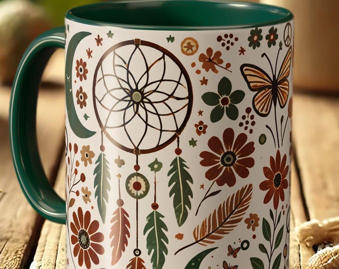 Dreamcatcher Feather Mug – Boho Moon Coffee Cup with Floral Art