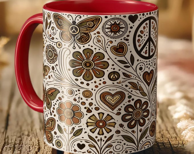 Funky Peace Sign Mug – Boho Floral Ceramic Coffee Cup